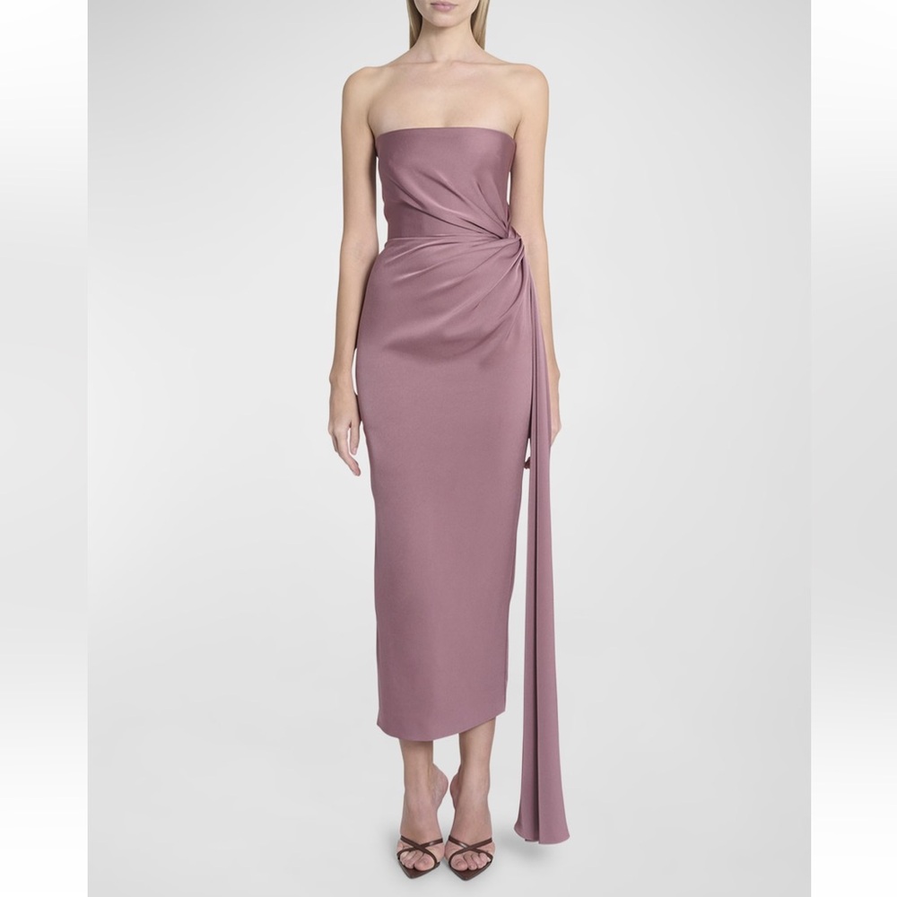 Alex perry strapless satin midi dress with draped detail
